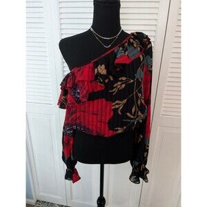 LINI Blouse Women's sz XS Red Floral Chiffon Long Sleeve One-Shoulder Holiday
